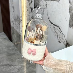 TEMU 올인원 회전 메이크업 정리함 - 먼지 방지 뚜껑, 360° 회전 베이스, 립스틱용 리브 디자인 & 핑크 보우, 화장 브러시 및 액세서리용 투명 플라스틱 코스메틱 수납함 - 욕실 화장대 정리함, 메이크업 브러쉬 홀더, 우아한 미적 감각, 쉬운 세척 재질