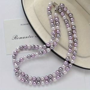 TEMU 2pcs/set 여성 패션 진주 목걸이 8mm 원형 강력한 빛 모조 해양 그라데이션 보라색 혼합 색상 커피 녹색 진주 목걸이 (랜덤 혼합 색상) 여성 패션 진주 목걸이 일상 착용 및 휴일 선물에 적합