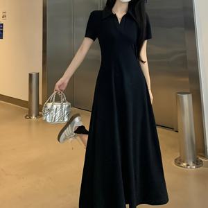 TEMU 여성용 우아한 프랑스 영감을 받은 검은색 미디 드레스 - 짧은 소매, 허리 cinching, 폴로 칼라, 단색, 캐주얼 여름 스타일, 어깨 길이 디자인 및 사이드 슬릿, 성인 패션에 완벽한 캐주얼 여름 드레스 | 시크 어깨 디자인 | 우아한 폴로 칼라|여름원피스|여성원피스|드레스
