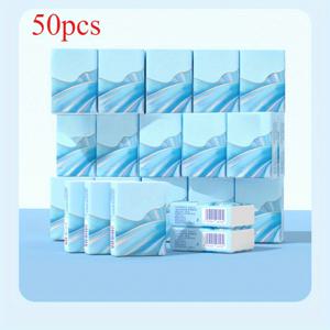 TEMU 50팩 휴대용 포켓 티슈 - 팩당 6장, 부드러운 흡수성 얼굴 및 손 타월, 이동 중 청소용 개별 포장 위생적 일회용 종이 냅킨, 안전한 패키징 | 웨이브 무늬 디자인 | 투명 포장