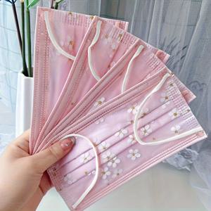 TEMU 30pcs 우아한 사쿠라 테마 얼굴 마스크, 3층 디자인 핑크, 블루, 옐로우 - 스타일리시한 탄성 핏, 성인용 장식 프린트, 일회용, 폴리프로필렌 소재, 스타일리시한 얼굴 커버 | 꽃무늬 패턴 마스크 | 내구성 있는 얼굴 마스크, 얼굴 마스크