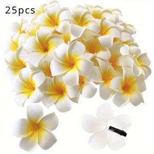 TEMU 25개 흰색과 노란색 하와이 다프디릴 인공 가드니아 헤어핀-PVC 폼플라워 장식, 결혼식, 해변 휴가 및 열대 파트에 적합합니다.
