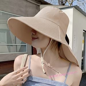 TEMU 1pc 여성용 넓은 브림 선햇, 포니테일 홀 - 바람에 내지않고, 목 보호, 해변 및 야외 활동용 블랙 버킷햇, 조절 가능한 턱 스트랩, 폴리에스터, 판타지 테마|벙거지모자