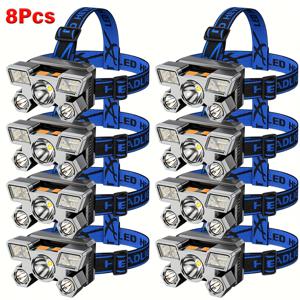 TEMU LihangStar 8pcs 휴대용 5LED 야외 헤드램프 세트, USB 충전식 내장 배터리, 150lm 밝은 홍수 빔, 내구성 있는 ABS 및 매트 메탈 마감, 여행, 캠핑, 낚시, 사냥에 이상적 - 다용도 및 에너지 효율 높음인 조명 솔루션, 캠핑 헤드램프|홍수 빔 램프|내구성 있는 헤드램프, 캠핑 헤드램프