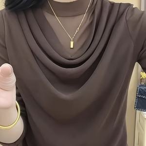 TEMU 여성용 우아한 커피 브라운 긴팔 티셔츠 - 봄 & 가을용 경량 스탠드업 칼라 탑, 다목적 캐주얼 및 정장 착용 가능, 세탁기 사용 가능, 일상 편안한 의상 | 세련된 디자인 | 매끈한 질감 셔츠, 여성용 티셔츠|커피