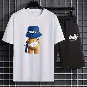 TEMU 청소년 여름 패션 캐주얼 스포츠 세트, 폴리에스테르 & 스판덱스 니트 원단, 프린트 곰 디자인이 들어간 크루넥 루즈핏 상의, 매칭 반바지, 통기성 & 신축성 - 새로운 컬렉션