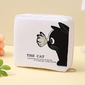 TEMU 휴대용 고양이 & 나비 무늬 폴리에스터 핸드백 오가나이저 - 대용량 생리대 보관 파우치, 사탕 & 잡화 정리용 다기능 디자인