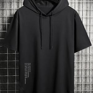TEMU 남성용 여름 캐주얼 노란색 후드티 셔츠, 비대칭 하단 및 문자 프린트 - 가벼운 반팔, 드로스트링 후드, 주말 외출, 편안한 핏 후드티에 적합