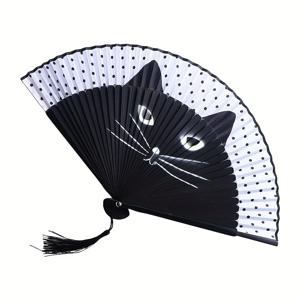 TEMU 빈티지 고양이 테마 패브릭 손바닥 접이식 선풍기, 동물 디자인, 크리스마스, 할로윈, 부활절 장식, 문화 공연에 이상적 | 기발한 액세서리 | 전통 공예
