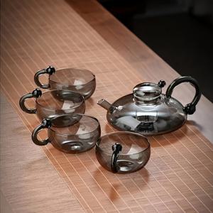 TEMU 1 600ml 티포트 + 4 180ml 유리 컵을 포함하는 아쉬 그레이/투명한 세트, 티포트, 고온 방지 유리, 새로운 티메이커, 홈 플라워 티, 물 분리 전기 세라믹 스토브, 주전자, 가벼운 고급 티 세트.