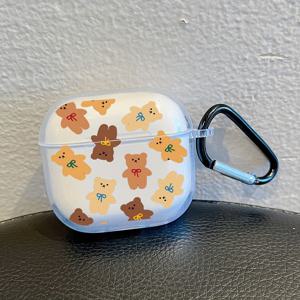 TEMU 귀여운 만화 곰 디자인 투명 TPU 케이스 AirPods 4/4 프로용 블랙 카라비너 키체인 포함 - 커피 브라운 베어 보호 커버, 휴대용 오디오 액세서리 | 충격 방지 소재, 에어팟 케이스