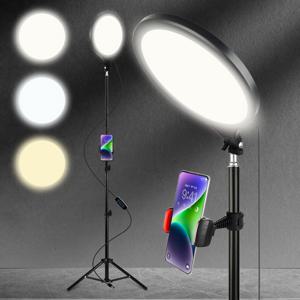 TEMU 1팩 LED 사진 조명 키트, 10인치 삼색 디밍 가능 플랫 셀카 라이트, 비디오 스튜디오 스트리밍 라이트, 43인치 조절 가능한 삼각대 및 15인치 연장봉과 모바일 폰 홀더 포함, 포토/비디오 촬영용