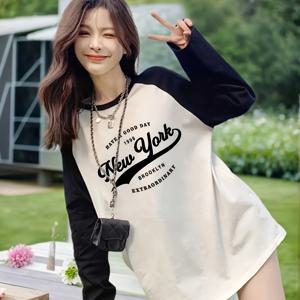 TEMU 1개 여성 캐주얼 루즈핏 긴팔 티셔츠, 패셔너블한 프린트, 크루넥, 약간의 스트레치가 있는 니트 원단, 라글란 소매, 일반 길이, 봄/가을용 알파벳 패턴 풀오버