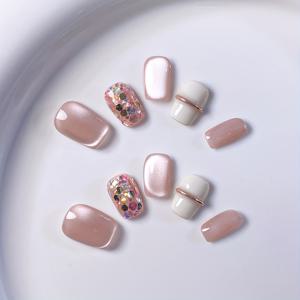 TEMU 10pcs 핸드메이드 스퀘어 짧은 네일 폼 세트, 핑크 글로우 핏, 글리터 및 캣 아이 액센트, 접착 탭 포함