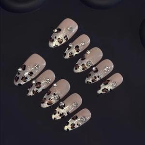 TEMU 10pcs Y2K 아몬드 모양의 누드 & 브라운 네일 세트, 중간 길이의 거울 마무리, 프린트 컬러 블록 & 패턴, 매일 착용, 휴일, 파티에 완벽한 선물로 여성을 위한 선물