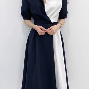 TEMU 여성용 우아한 프렌치 스타일 칼라 컬러블록 드레스 - 네이비 & 화이트 단추 앞단 & 웨이스트 시니치, 짧은 소매 A라인 스커트, 캐주얼&포멀 가을 겨울 봄 올시즌 다목적 세탁 가능 귀여운 드레스