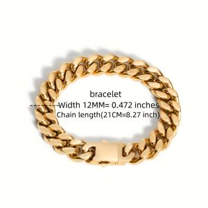 TEMU 12mm 폭 스테인리스 스틸 네 손으로 연마된 버튼 쿠바 목걸이 팔찌 세트, 스테인리스 스틸 진공 전기도금 18K 금도금 반짝이는 힙합 랩 주얼리 액세서리 남녀 선물용|남자팔찌|남자목걸이