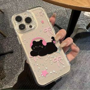 TEMU 헤드폰 작은 검은 고양이 전체 패키지 소프트 쉘 투명 보호 케이스, iPhone16/iPhone16pro/15plus/15promax/14/13/12/11/XR/xs/7/8plus/12mini/13mini/SE2/SE3 휴대폰 케이스에 적합, , 남자친구, 연인, 크리스마스 선물, 부활절 선물