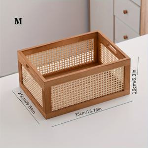 TEMU 보기 창문이 있는 빈티지 목재 수납 바구니 - 주방, 욕실, 거실 및 침실용 손으로 짠 직사각형 정리함 - 러스틱한 자연 스타일, 다목적 오픈탑 디자인, 완벽한 집들이 선물, 바구니 장식, 선반 바구니
