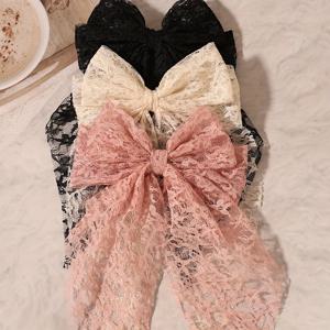 TEMU 3pcs/set 새로운 레이스 더블 보 스프링 헤어 클립, 블랙, 심플, 직물, 빈, 비용 없음, 효과 없음, 크리스마스 및 할로윈 세부 사항이 포함되어 있습니다, 여성용