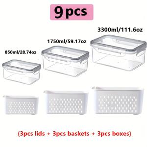 TEMU 9피스 세트 {뚜껑 3개 + 바구니 3개 + 상자 3개} 냉장고 보관함 뚜껑 포함 - 과일, 채소 및 건조 식품을 위한 배수 트레이가 있는 쌓을 수 있는 냉장고 보관함 - 캠핑 및 식사에 적합한 다기능 주방 정리 시스템|김치냉장고|캠핑냉장고