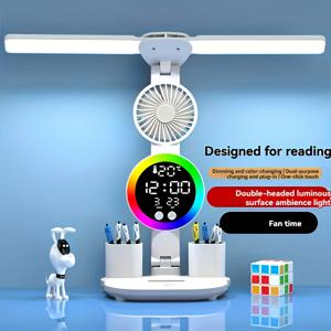 TEMU USB 플러그인 스마트 터치 LED 데스크 램프 - 듀얼 헤드, 조광 및 색상 변경 가능 독서등 내장 팬 및 야간조명 포함, 눈 보호 디자인, 홈 오피스 및 기숙사 공부용 완벽 - 배터리 불필요, 다기능 테이블 램프 | 통합 팬 라이트, 가정용 사무실 데스크 램프
