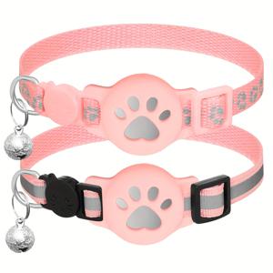 TEMU 2pcs 반사성 고양이 목걸이 GPS 장치 홀더, 벨 & 에어태그 홀더 - 조절 가능한 나일론 목걸이, 새끼 고양이용 블랙, 발 인쇄 디자인 - 이상적인 크리스마스 선물, 고양이 선물 | 조절 가능한 목걸이 | 반사 디자인, 배터리 없음