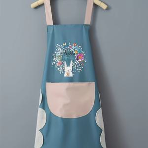 TEMU [일상적인 편안함] 여성용 귀여운 꽃 토끼 앞치마 - 내구성이 뛰어난 PVC, 손으로 닦을 수 있는 기능이 있는, 주방, 카페, 또는 차집에 완벽한 스타일리시한 텔과 흰색 디자인, 토끼 키치