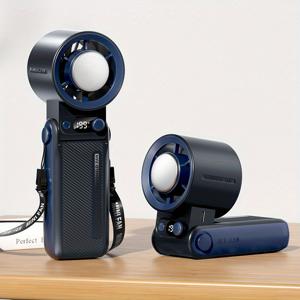 TEMU 2025 신형 핸드헬드 터보 팬 - 6000mAh 충전식 배터리, 199단계 세라믹 쿨링, LED 디스플레이, 접이식 휴대용 디자인 (실내/야외, 사무실 & 침실용) - 보라색/흰색/검정색, 조절 가능한 속도 제어, 내구성 플라스틱, 가정용 휴대용 선풍기