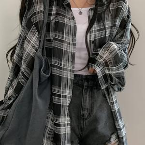 TEMU 여성 캐주얼 체크 프린트 투명 시프론 블라우스 - 긴 소매, 라펠 칼라, 가벼운 여름 상의, 캐주얼 의상용 셔츠 | 다용도 캐주얼 의상 | 투명 디자인|블라우스|여름블라우스|여성블라우스