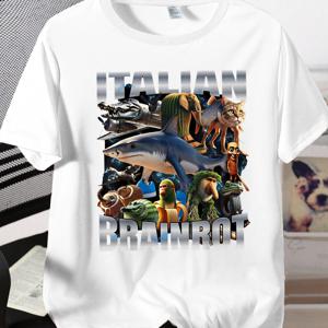 TEMU 소녀용 캐주얼 그래픽 티셔츠 - 이탈리아 브레인로트 만화 동물 프린트, 100% 폴리에스터 소프트 루즈핏 라운드넥 여름 휴가용 티, 스포티한 리브 디테일, 12세 이상, 여성 청소년 레저웨어, 재미있는 디자인 셔츠, 편안한 어린이 상의