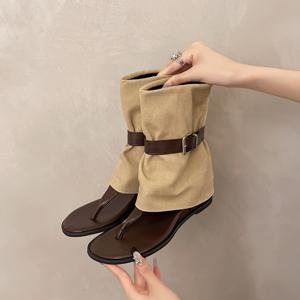TEMU 여성용 스타일리시한 블랙 & 베이지 앵클 부츠 - 편안한, 통기성이 좋은 가죽 상단, 부드러운 고무 밑창, 캐주얼 및 야외 착용을 위한 오픈 토 디자인, 캐주얼 신발 | 앵클 부츠 | 가죽 상단 부츠|통굽샌들