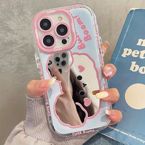 TEMU 1.5mm PC 하드 쉘로 제작된 귀여운 파란색 홀로우 아기 강아지 거울 폰 케이스, 풀 보호 쿠션, 방지 구멍, 대조적인 렌즈 링, 편안한 독립형 전기 도금 버튼, Iphone 16 Pro Max/15 Plus/14/13/12/11/16E와 호환 가능합니다.