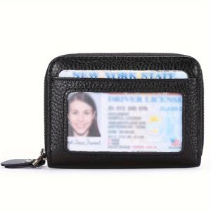 TEMU 진짜 가죽 아코디언 카드 지갑 여성용 더블 지퍼, RFID 차단 대용량 신용 카드 케이스 12개 카드 슬롯 및 4개 동전 주머니, 캐주얼 스타일 양쪽으로 접는 카드 정리함 슬립 포켓 및 폴리에스테르 안감, 인쇄 없음 - 블랙