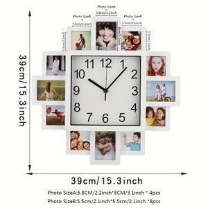 TEMU 1개 글로우틱 창의적인 사진 액자 벽시계 - 12장 맞춤형 무소음 시계, 흰색 플라스틱 프레임과 검은 숫자, 거실 침실용 불규칙한 모양 홈 데코, 기념일 및 여행 추억 선물, 시간 조각품, 벽 장식