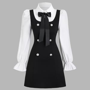 TEMU 2-in-1 드레스, 분리 가능한 리본 - 블랙 앤 화이트, 스탠드 칼라, 긴 소매, 핏, 버튼, 프릴 소매, 올 시즌 패션, 성인 여성 드레스 | 클래식 드레스 스타일 | 프릴 소매 디자인, 플러스 사이즈 드레스