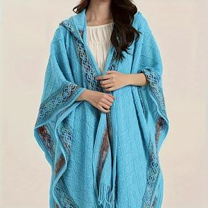 TEMU 가을과 겨울을 위한 체크무늬, 따뜻하고 바람막이인 후드가 있는 빈티지 컬러풀 웨이브 니트 셔울 - 여행과 사진 촬영에 적합한 여성용 스타일리시 케이프, 핸드 워시 가능, 완벽한 어머니의 날 선물.