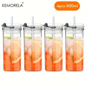 TEMU KEMORELA 유리 물병 4/6 팩 - 380ml/500ml 휴대용 직사각형 음료 용기 뚜껑 및 빨대 포함 - 경량, 내열성, PVC 무료, 뜨거운/차가운 음료에 적합, 크리스마스 및 데이 선물에 적합