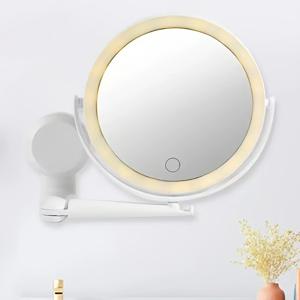 TEMU 6인치 벽걸이형 LED 메이크업 거울, 10배 확대, 조절 가능한 조명 및 터치 센서 – USB 전원, 광택 있는 화이트 프레임, 욕실용 회전 디자인