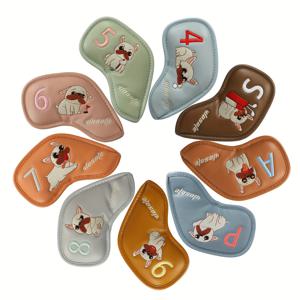 TEMU 9pcs/세트 PU 골프 아이언 커버 프랑스 불도그 보호 커버 자석 클로저 번호 아이언 커버 무게 있는 아이언 양말, 골퍼를 위한 패션 자수 디자인, 골프 스윙 안정성과 보호 강화|골프용품