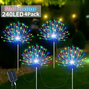 TEMU FACHOI 태양광 정원 조명 4개 320 LED 조절 가능한 불꽃놀이 스태크 램프, 푸시 버튼 제어, 방수, 나사로 연결된 금속 램프, 리튬 배터리, 8가지 모드 LED 조명, 결혼식, 크리스마스, 잔디, 파티오 장식용