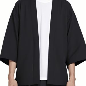 TEMU 남성용 김노라 경량 폴리에스터 일본 김노라 가디건 - 3/4 소매, 오픈 프론트, 솔리드 무스탕 블랙, 캐주얼 여름 착용, 다용도 의류 | 성숙한 미적 감각 | 아랫팔 밑단 디자인, 김노라 스타일 가디건, 일본 하오리 탑, 김노라 셔츠