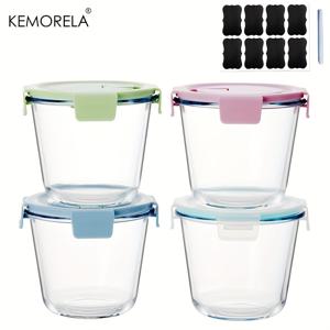 TEMU KEMORELA 4개 세트 라운드 유리 보관용기 뚜껑 포함, 스티커 및 펜 포함, 누수 방지 유리 용기, 수프, 점심, 샐러드, 남은 음식, 아이스크림용, BPA 프리 뚜껑 4개 잠금 탭, 전자레인지, 식기세척기 및 냉동고 사용 가능