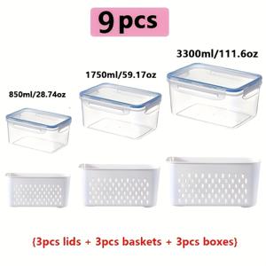 TEMU 9피스 세트 {뚜껑 3개 + 바구니 3개 + 상자 3개} 냉장고 보관함 뚜껑 포함 - 과일, 채소 및 건조 식품을 위한 배수 트레이가 있는 쌓을 수 있는 냉장고 보관함 - 캠핑 및 식사에 적합한 다기능 주방 정리 시스템|김치냉장고|캠핑냉장고