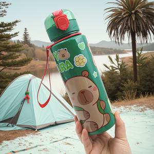 TEMU 1개 700ml 귀여운 카툰 카피바라 보온 물병, 누수 방지 플립 뚜껑 및 휴대용 스트랩 포함, 야외 캠핑 학교 사무실용 내구성 있는 PC 소재, 생일 졸업 어머니의 날 선물