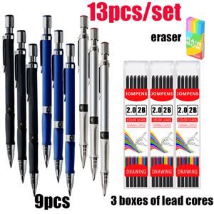 TEMU 13개 세트 2.0 기계식 연필 세트, 2.0mm 펜 팁, 펜 홀더 및 내장형 연필깎이 포함, 사무용 문구류(펜 9개, 연필심 3개, 지우개 포함)