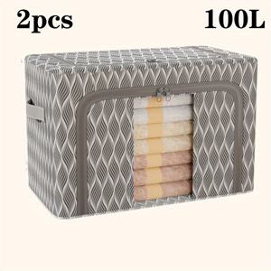 TEMU 2개 세트 100L 대용량 싱글윈도우 더블오프닝 수납박스, 접이식 스틸 프레임 패브릭 보관함 투명창 지퍼 및 손잡이 포함, 옷 이불 등 정리용 침대 밑 수납