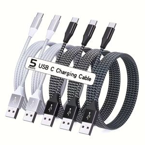 TEMU 5개 USB-C 케이블 (3.3ft/6.6ft/10ft) 나일론 브레이디드 USB-A to Type-C 케이블 18W 480Mbps 호환 아이폰 16 15, 아이패드, 맥북, 갤럭시 S25 S24 S23 S22 S21, 태블릿 및 노트북용 (블랙 화이트/블랙 그레이/실버 화이트)