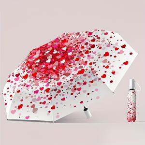 TEMU 로맨틱한 하트 프린트 접이식 우산 - 자동, 방풍 및 자외선 차단, 8개 리브 디자인, 빨간색과 핑크색의 하트가 있는 화이트, 남성과 여성에게 완벽한 선물, 휴일 우산 | 재미있는 디자인 | 내구성 있는 캔버프