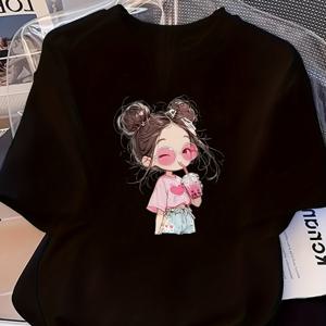 TEMU 여성용 만화 프린트 반팔 티셔츠 - 부드럽고 통기성 좋은 폴리에스터-스판덱스 혼방, 하트 안경과 머리핀 스타일의 귀여운 캐릭터 디자인, 편안한 라운드 넥 캐주얼 티, 세탁기 사용 가능, 블랙 & 화이트, 여름 의류, 재미있는 디자인이 있는 편안한 원단|반팔티